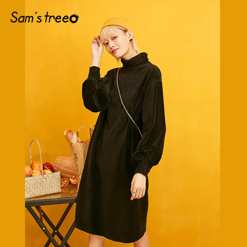 SAM'S TREE, черный, чистый, водолазка, вязаный, минималистичный, прямой, вельветовый свитер, платье для женщин,, осень, для отдыха, для офиса, женские платья