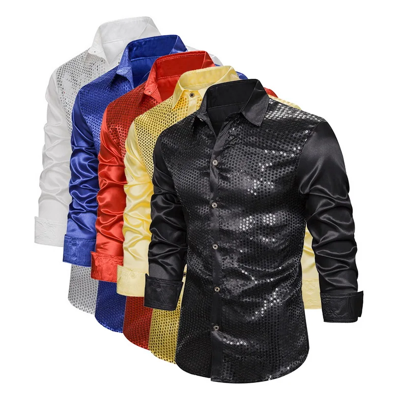 

Men's Luxury Sequin Glitter Shirts Long Sleeve Fashion Shiny Disco Party Shirt 2019 Men Stage Dance Nightclub Costume