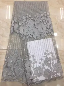 

Gray African Lace Fabric 2019 Embroidered Nigerian Laces Fabric High Quality French Tulle Lace Fabric With Sequins
