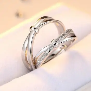 

Korean S925 Sterling Silver Couple Ring Female Jewelry Bow Opening Size Adjustable Lovers Wedding Engagement Ring for Men Women