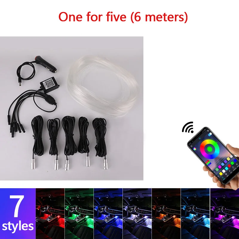 Автомобильный атмосферный светильник s EL Neon Wire Strip светильник RGB несколько режимов приложение управление звуком Авто интерьерная декоративная окружающая неоновая лампа - Испускаемый цвет: One for five (6M)