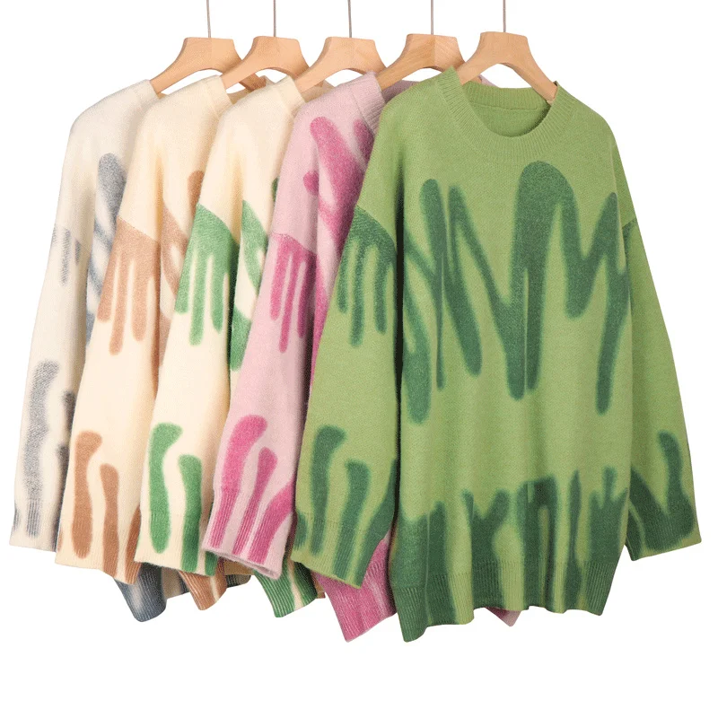 Oversized Pullovers Women Sweater Elegant Green Striped Print