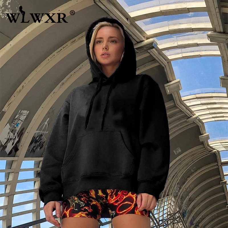 WLWXR повседневные длинные негабаритные толстовки женские пуловеры белые черные Harajuku Свободные худи женские осенние Kpop Толстовка женские топы