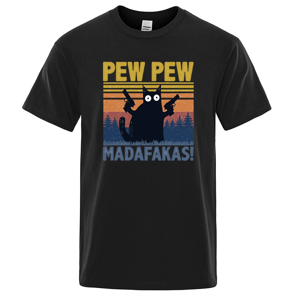 Pew Pew Madafakas 남성용 반팔 티셔츠, 재미있는 고양이 티셔츠, 면 오버사이즈 상의, 크루넥 스트리트웨어, 노벨티