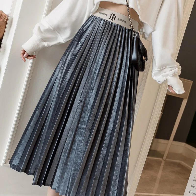 Streetwear Fashion High Waist Pleated Skirt Women Autumn Winter Midi Skirt Female Gold Velvet Long Skirt Faldas Mujer Moda - Цвет: Серый