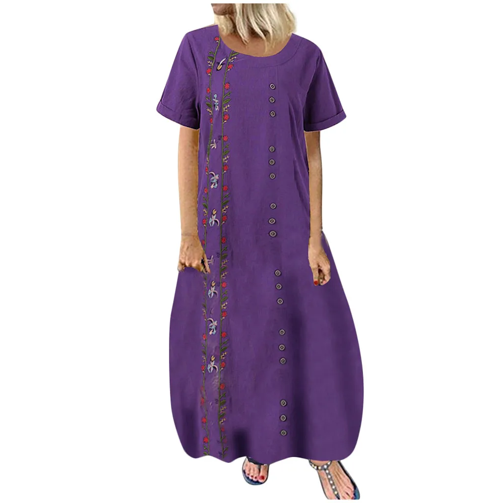 PP MISSOMO Vestidos женское летнее платье Botton с цветочным принтом Макси платье с коротким рукавом o-образным вырезом хлопок и длинное льняное платье 8 - Цвет: PP