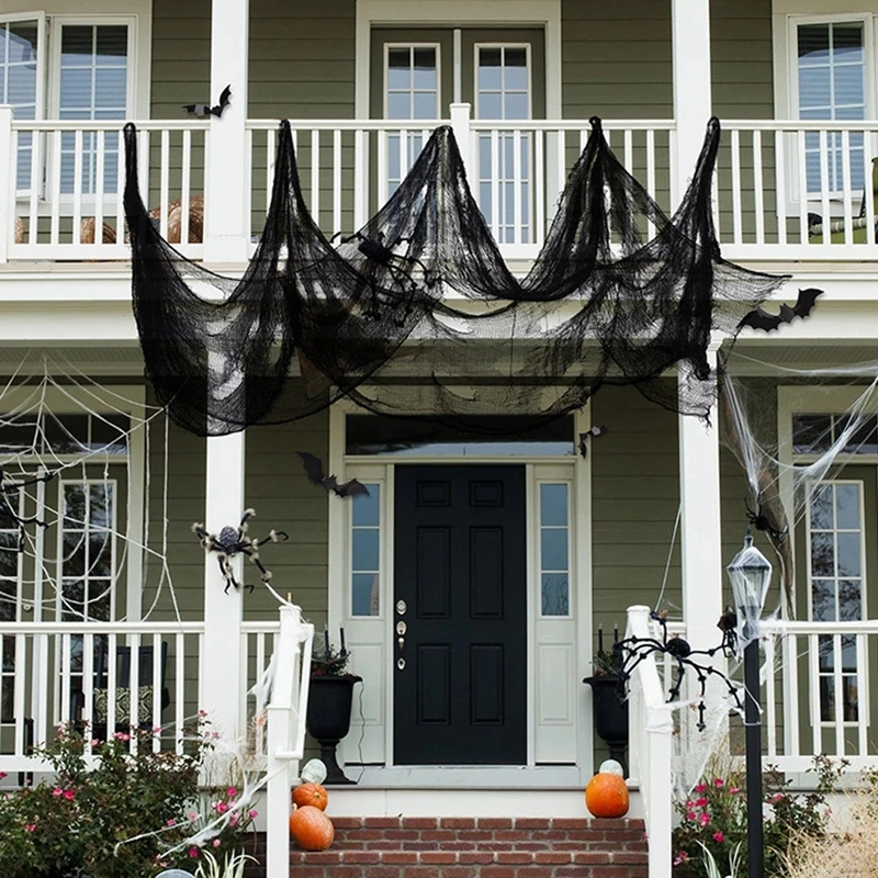 1pc Black gray Halloween Creepy Gauze Large Grid Yarn Cloth Door Window House Decor Halloween Party Decoration Home Decor