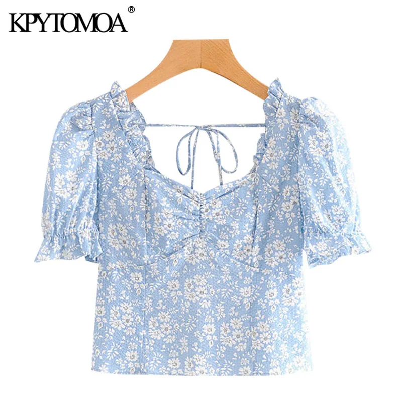 KPYTOMOA Women 2020 Fashion Floral Print Ruffled Cropped Blouses Vintage Short Sleeve Back Elastic Female Shirts Chic Tops KPYTOMOA Women 2020 Fashion Floral Print Ruffled Cropped Blouses Vintage Short Sleeve Back Elastic Female Shirts Chic Tops
