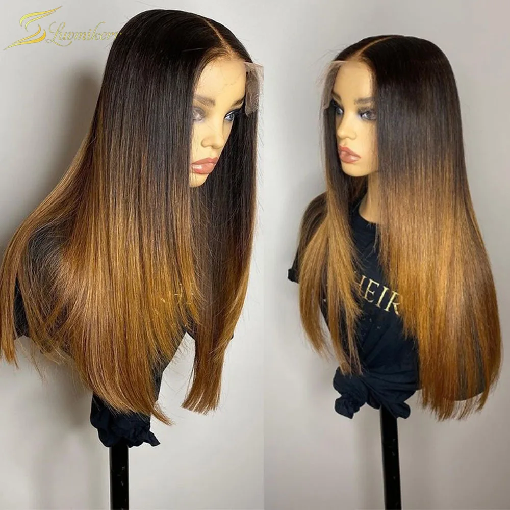 Peluca de cabello humano liso de 13x6 para mujeres negras, postizo de encaje Frontal transparente, color rubio miel, ombré 1b 27, HD