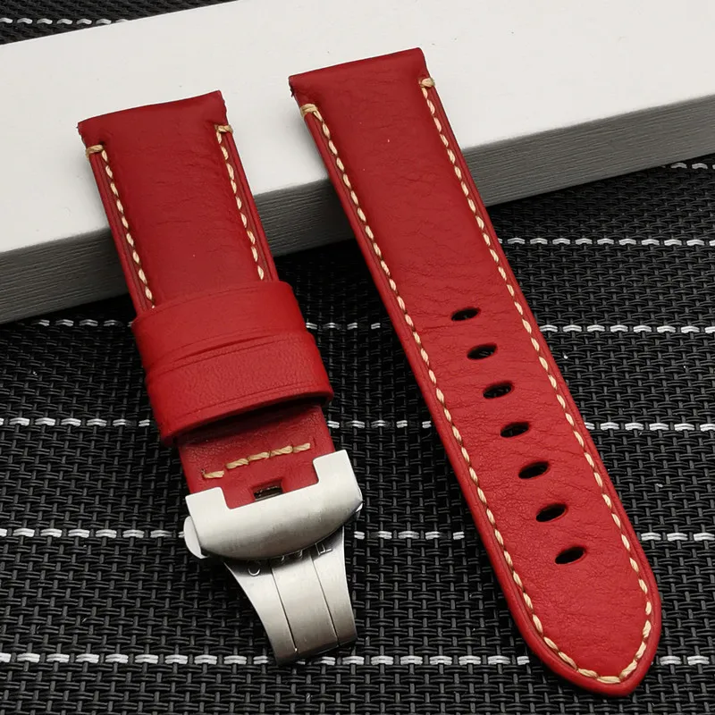 Red strap 24 мм итальянский ремешок из натуральной кожи для Panerai ремешок для PAM441 Браслет Бабочка Пряжка ремешок для часов логотип на - Цвет ремешка: Red strap