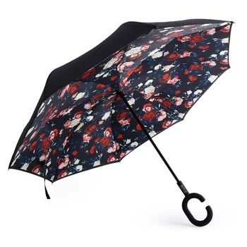 

Elover Double Layer Inverted Reverse Umbrella Windproof UV Protect Big Straight Umbrella for Car Rain Outdoor C-shaped Handle