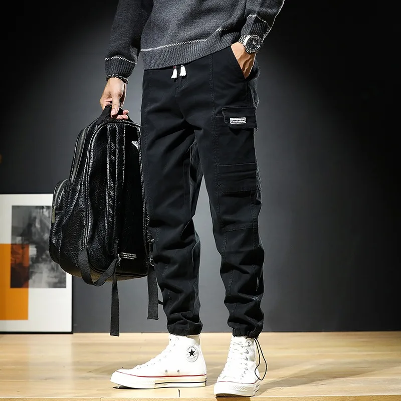 Men's Baggy Cargo Pants Streetwear Harajuku Tactical Casual Drawstring Male Clothing Black Cotton Trousers