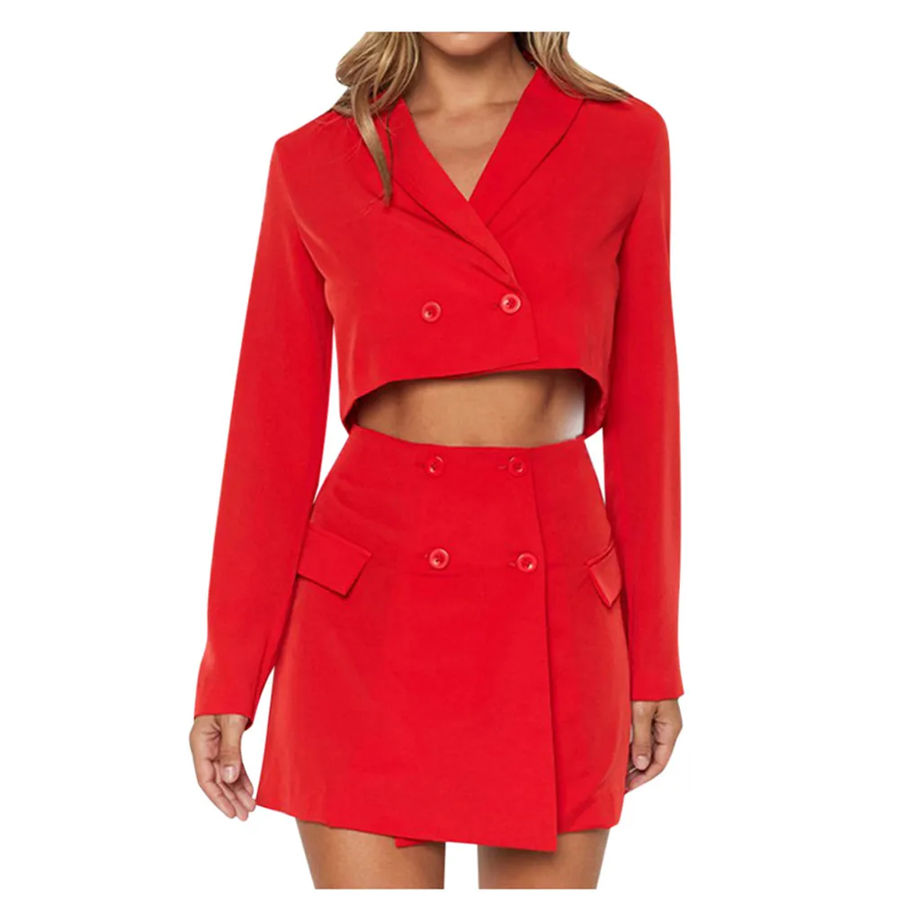 

Women Skirt Suits Single Breasted Blazer Red Short Blazer and Slim Mini Skirts Two Pieces OL Sets Female Outfit Streetwear z0814