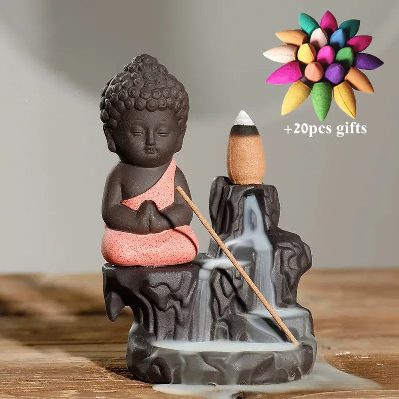 Красный Home Decor The Little Monk Small Buddha Backflow Incense Burner Creative Incense Stick Holder Waterfall Censer+ 20pcs Cones - Цвет: Красный