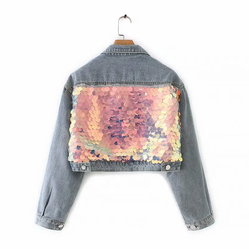 

Spring New Style Europe And America WOMEN'S Dress-Style Washing Back Sequin Decoration Joint Jeans Coat Tops W2173