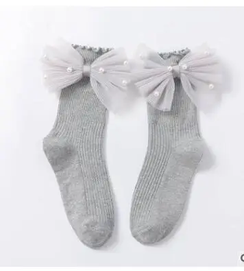 gray side bow Детские короткие носки, количество кружева, бант, органза, кружева, носки принцессы для девочек, модные детские гольфы с большим бантом, кружевные носки принцессы - Цвет: gray side bow