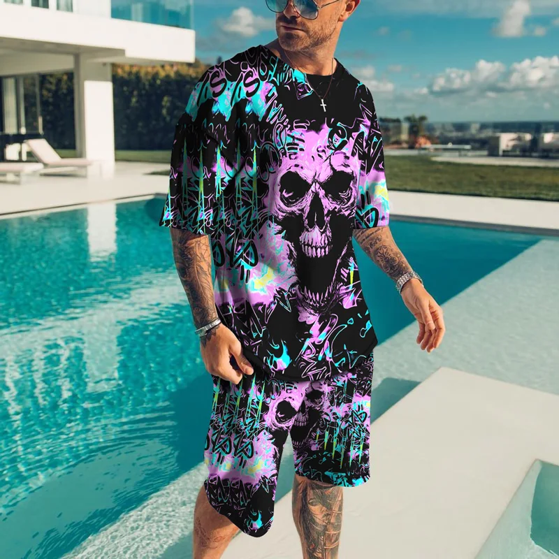 

2022 New Summer Men's Fashion Short-Sleeved T-shirt Shorts 3D Print Same Color Two-Piece Suit S-6XL Skull Theme