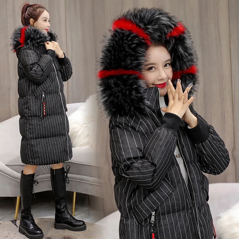 

Mid-length Cotton-padded Clothes Winter New Style 2018 WOMEN'S Dress Korean-style Slim Fit Slimming Stripes Fashionable Thick Co