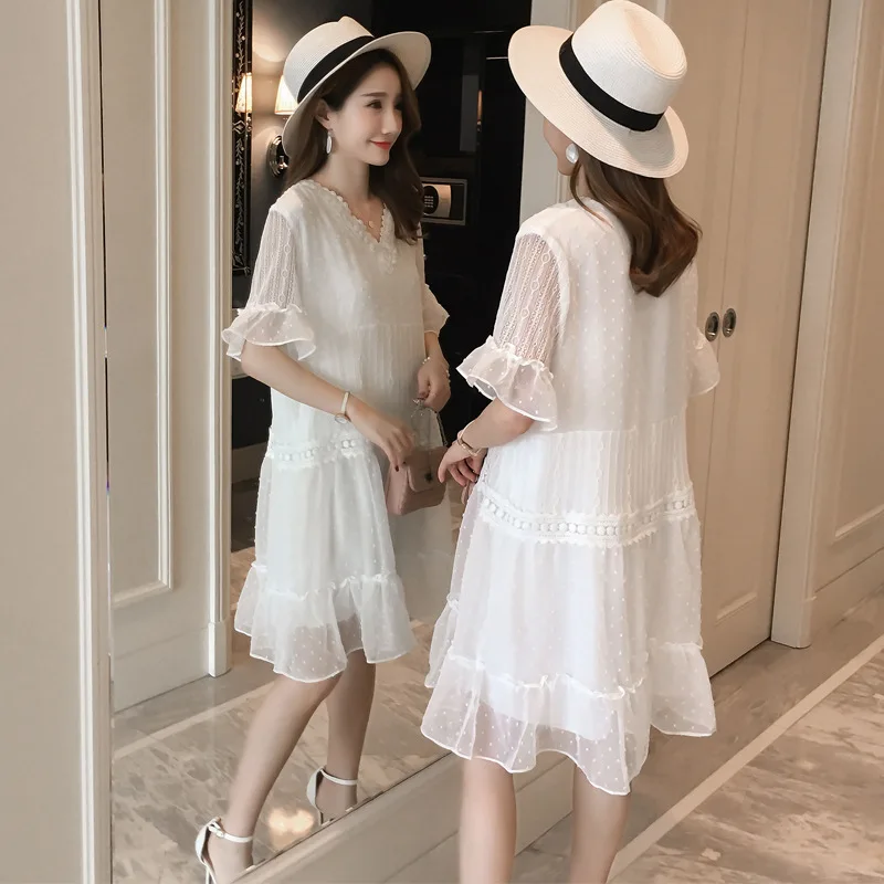 

2019 New Style Pregnant Women Summer Wear Lace Splicing Dress Korean-style Loose-Fit Mid-length V-neck Pregnant Women Skirt