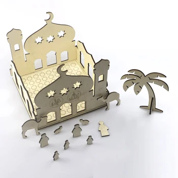 

Wooden Eid Mubarak Ramadan DIY Puzzle Toy Home Party Ornament Decoration Muslim Islamic Palace Puzzle Storage Box Kids Toys Gift