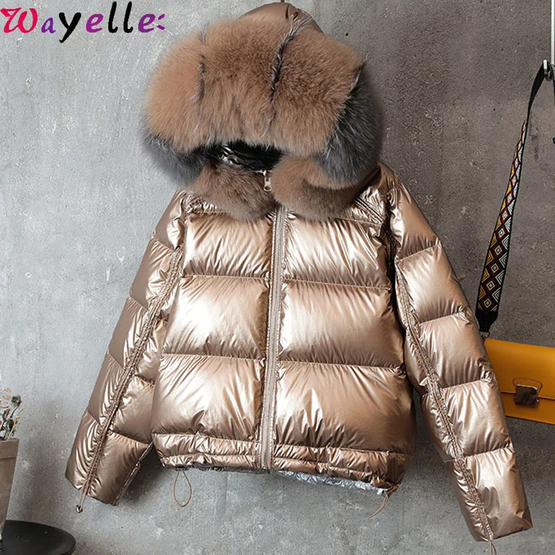 

Glossy White Duck Down Coat Women Winter UK Style Chic Fur Collar Padded Parka Double Side Thick Warm Down Snow Outwear Women