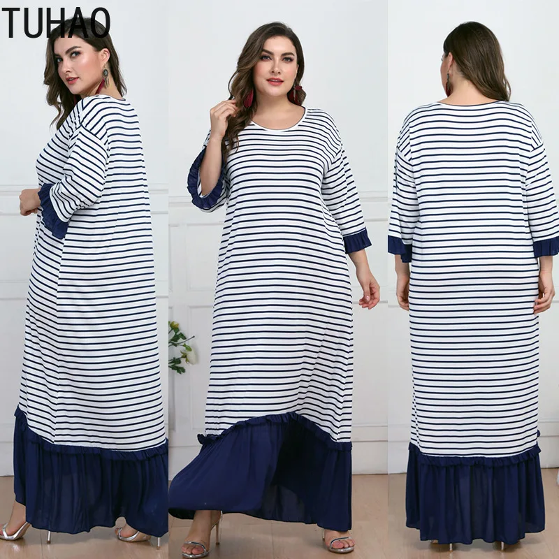 TUHAO размера плюс 4XL 3XL элегантное платье синее длинное платье в полоску драпированное платье с рукавами-лепестками женское Свободное длинное платье макси HC304