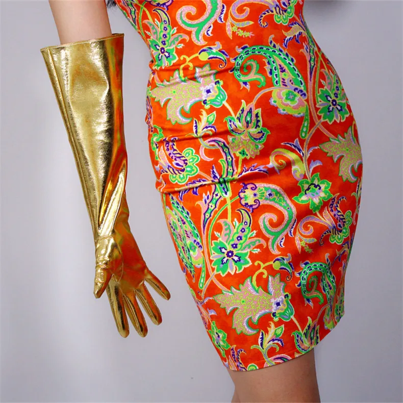50 см лакированные кожаные перчатки большого размера с большим рукавом с буфами на рукавах из имитирующей кожи Яркие Золотые женские WPU59-50W