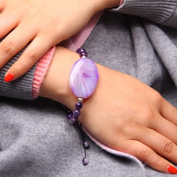 

Natural Grainy Agat e Beaded Bracelets Charm Big Agat e Slice Handmade Woven Rope Bracelet For Women Ladies Gift 8mm 5Type Color