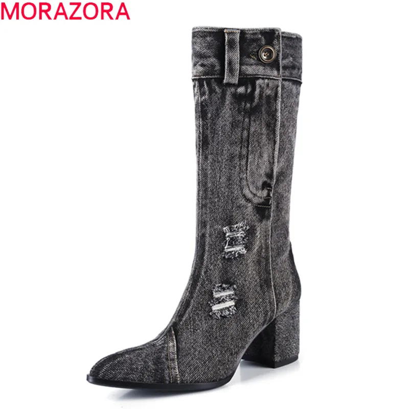 

MORAZORA 2020 New arrive fashion mid calf boots thick high heels pointed toe shoes woman autumn winter cowboy women boots