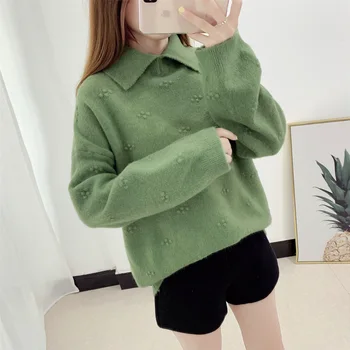 

Cute 2020 Autumn Winter Sweater Women Knitted Pullovers Sweaters New Long Sleeve Lady Solid Color Turn-down Collar Top Sweater