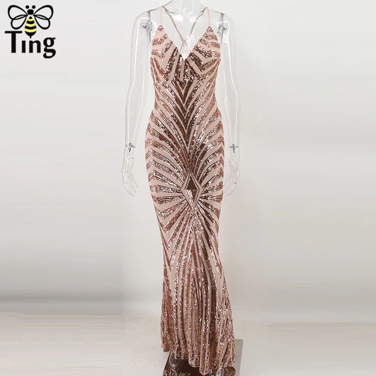 Tingfly Sexy V neck Sequines Long Floor Length Party Dresses Open Back Backless Cross Strap Long Luxury Sequined Glitter Dress