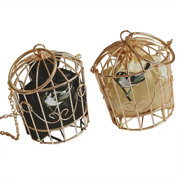 

LJL-2 Pcs Bird Cage Women Handbag Tote Metal Cage Girls Top-Handle Bags Coin Purse Pouch Tassel Clutch, Black & Champagne