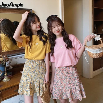 

2020 New Girls Student Sweet Daisy Embroidery T-shirt Skirts Sets Summer Cozy Cotton Short Sleeve Mini Dress for Women Clothings