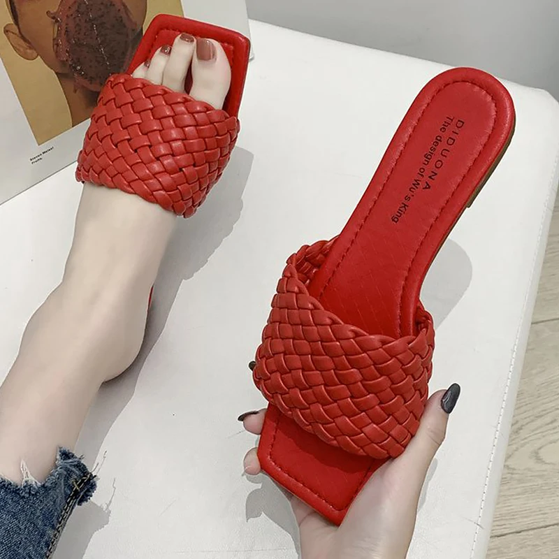 

Female Flat Slippers Mules Summer Leather Hand Made Shoes Woman Non-slip Home Fashion Open Toe Square Female Slippers