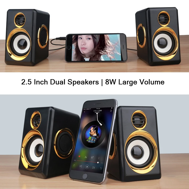 Kopen 1 paar USB + AUX Bedrade Computer Speakers Bass Versterking 4 Diafragma voor Laptop Desktop Telefoon 8W High Power luidspreker