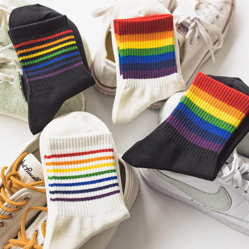 

rainbow stripe socks women's socks cotton college style sports socks 20201