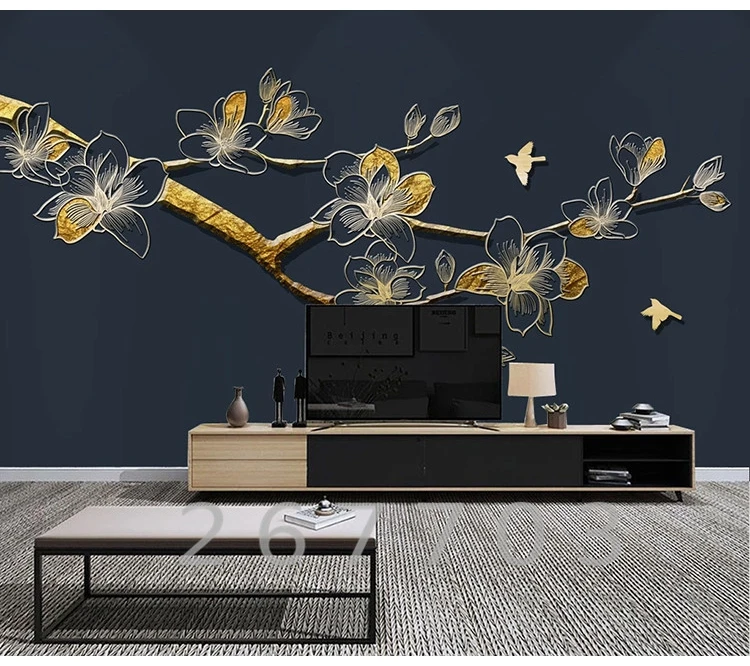 Chinese Style Modern Golden Relief Line Magnolia Branch Wallpapers Living Room Sofa Wall Decor Wall Paper 3D Fresco Wall Cloth