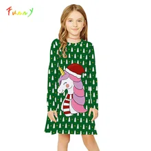 Зеленое платье с рисунком единорога; костюм принцессы с длинными рукавами для девочек; трапециевидные платья для девочек; Зима года; Рождественская Детская одежда; От 8 до 12 лет