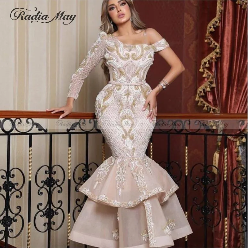 

Saudi Arabic Lace Mermaid Evening Dress One Shoulder Long Sleeve Formal Dresses 2020 Dubai Tiered Beaded Prom Gowns Kaftan