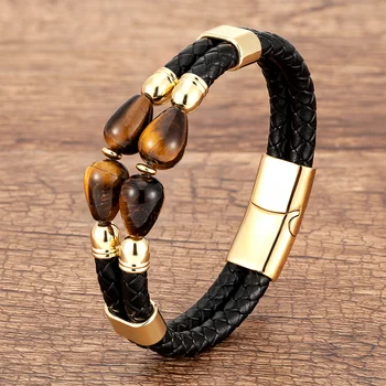 100% Natural Tiger Eye Bracelet Men Charm Multilayer Black Leather Stainless Steel Magnetic Buckle