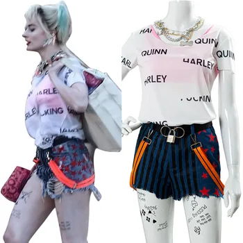 

Birds of Prey Harley Quinn Costume Belt+Glove+Necklace+Shorts+T Shirt+Tattoo Paste+Vest Halloween Carnival Costume