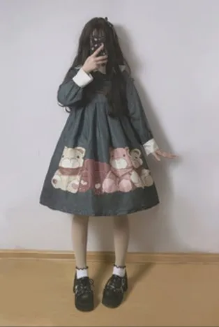 dress and headwear Милое Платье для девочек в стиле Лолиты; желтое платье принцессы для девочек с милым медведем; карнавальный костюм с кукольным воротником в стиле Лолиты и бантом; головной убор для женщин - Цвет: dress and headwear