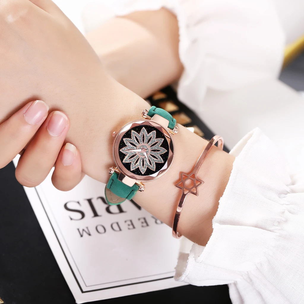 Горячая женские кожаные звездное небо цветок часы женские Роскошные Кварцевые аналоговые женские часы