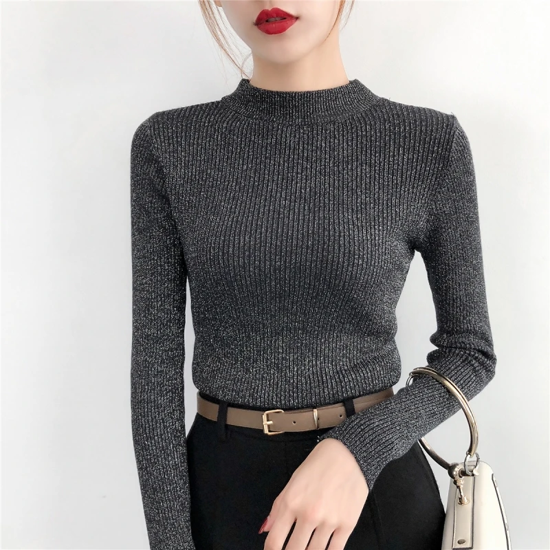 

2019 Glitter Shinny Knitted Tops Women Sweaters Female Pullovers Turtleneck Long Sleeve Basic Knitting Shirts Femme Pull Mujers