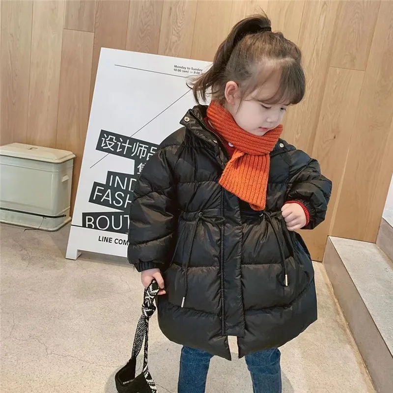 

New Winter Girls Hooded Long Jackets Thick Warm Children Drawstring Coats Kids Teenager Fashion Yellow Red Black High Quality