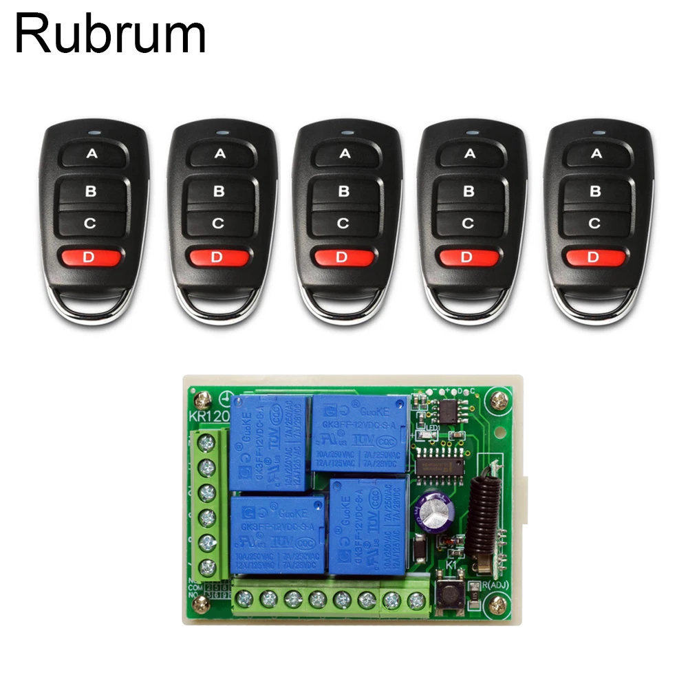 

Rubrum 433MHz Universal Wireless Remote Control DC 12V 4CH Relay Receiver Module RF Switch Remote Control For Gate Garage Opener