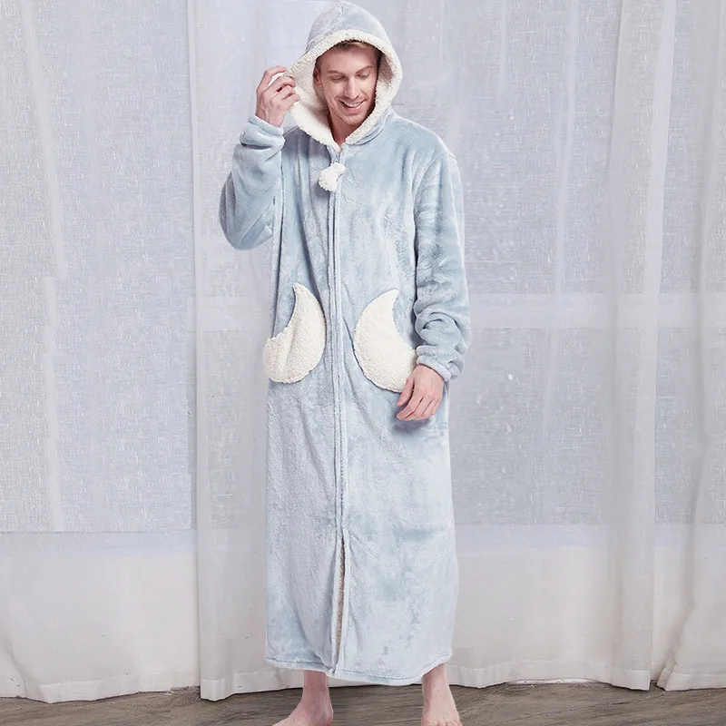 Men Blue Moon Пара кораллового бархата Ночная рубашка в комплекте с купальным халатом халат для женщин и мужчин зимняя теплая длинная ночная рубашка с капюшоном Повседневная банная одежда для сна Пальто - Цвет: Men Blue Moon