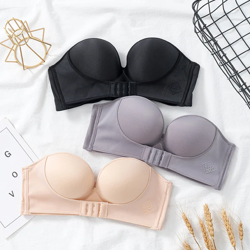 

Strapless gathered bra large chest small no steel ring sexy underwear female anti-walking light beauty back bra wholesale