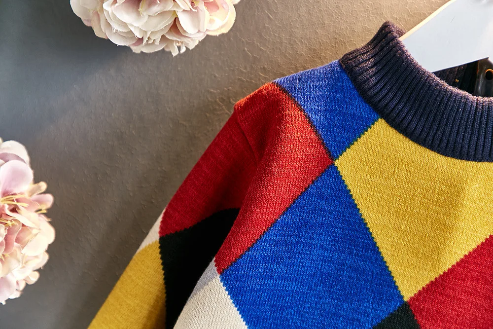 Boys' Sweater Autumn And Winter New Style Korean-style jia rong Sweater Square Lines Pullover Base Shirt Sweater