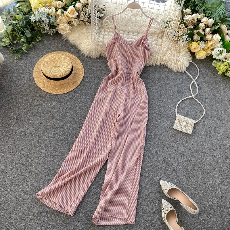 Vintage 2020 Sexy Plaid Print V Neck Jumpsuit Spaghetti Strap Summer Full Length Women Slim Waist Tie Playsuit Lace Up Romper Vintage 2020 Sexy Plaid Print V Neck Jumpsuit Spaghetti Strap Summer Full Length Women Slim Waist Tie Playsuit Lace Up Romper